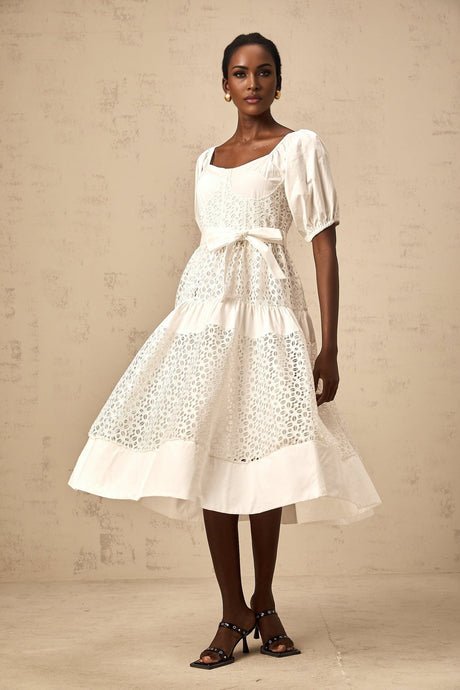 Carolina Midi Dress - Sweetheart Neck - Puff Sleeves - Lace Paneling - Tiered Design - Self - Tie Waist