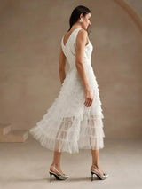 Carolina Midi Dress - V Neck - Wedding - Layered Hem - High Waist - Elegant Style