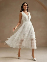 Carolina Midi Dress - V Neck - Wedding - Layered Hem - High Waist - Elegant Style