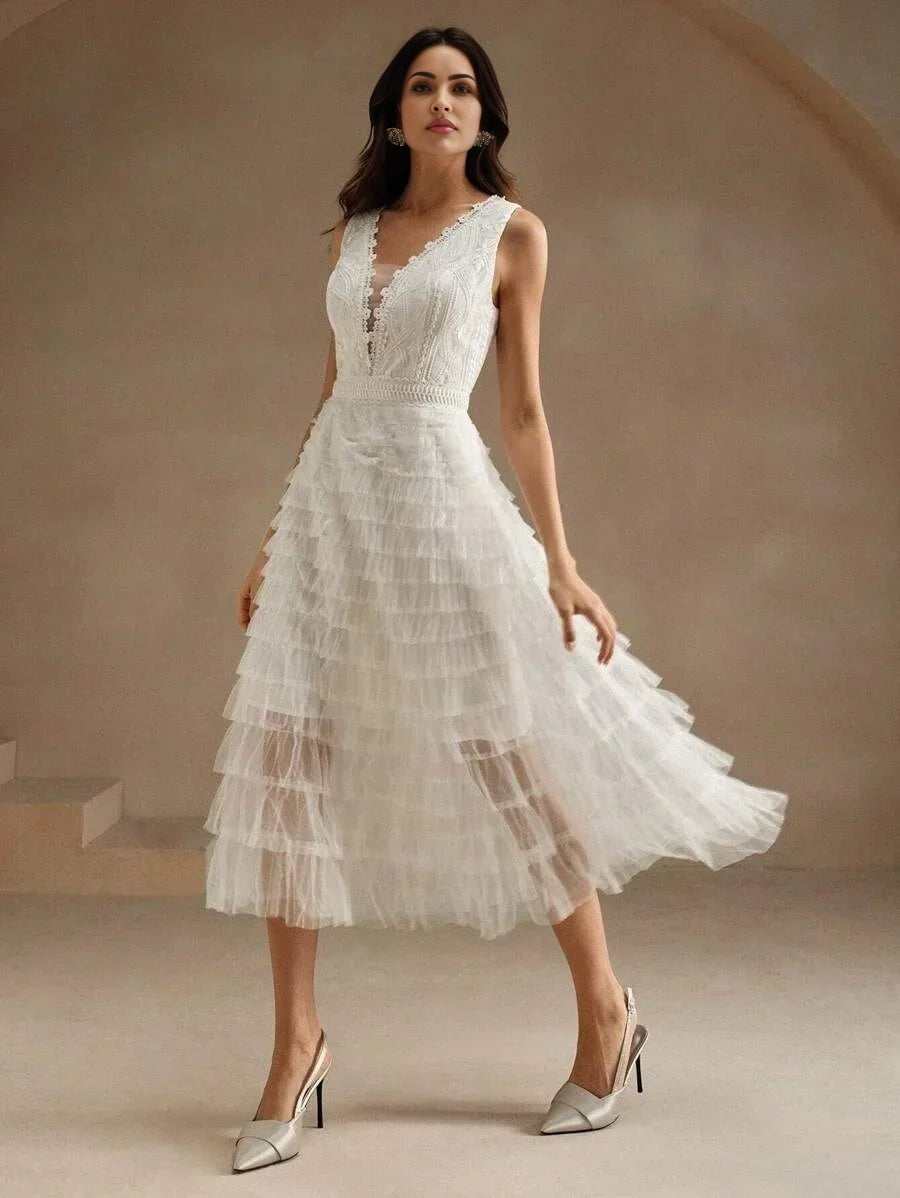 Carolina Midi Dress - V Neck - Wedding - Layered Hem - High Waist - Elegant Style