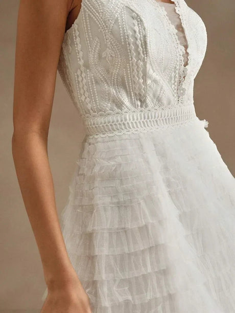 Carolina Midi Dress - V Neck - Wedding - Layered Hem - High Waist - Elegant Style