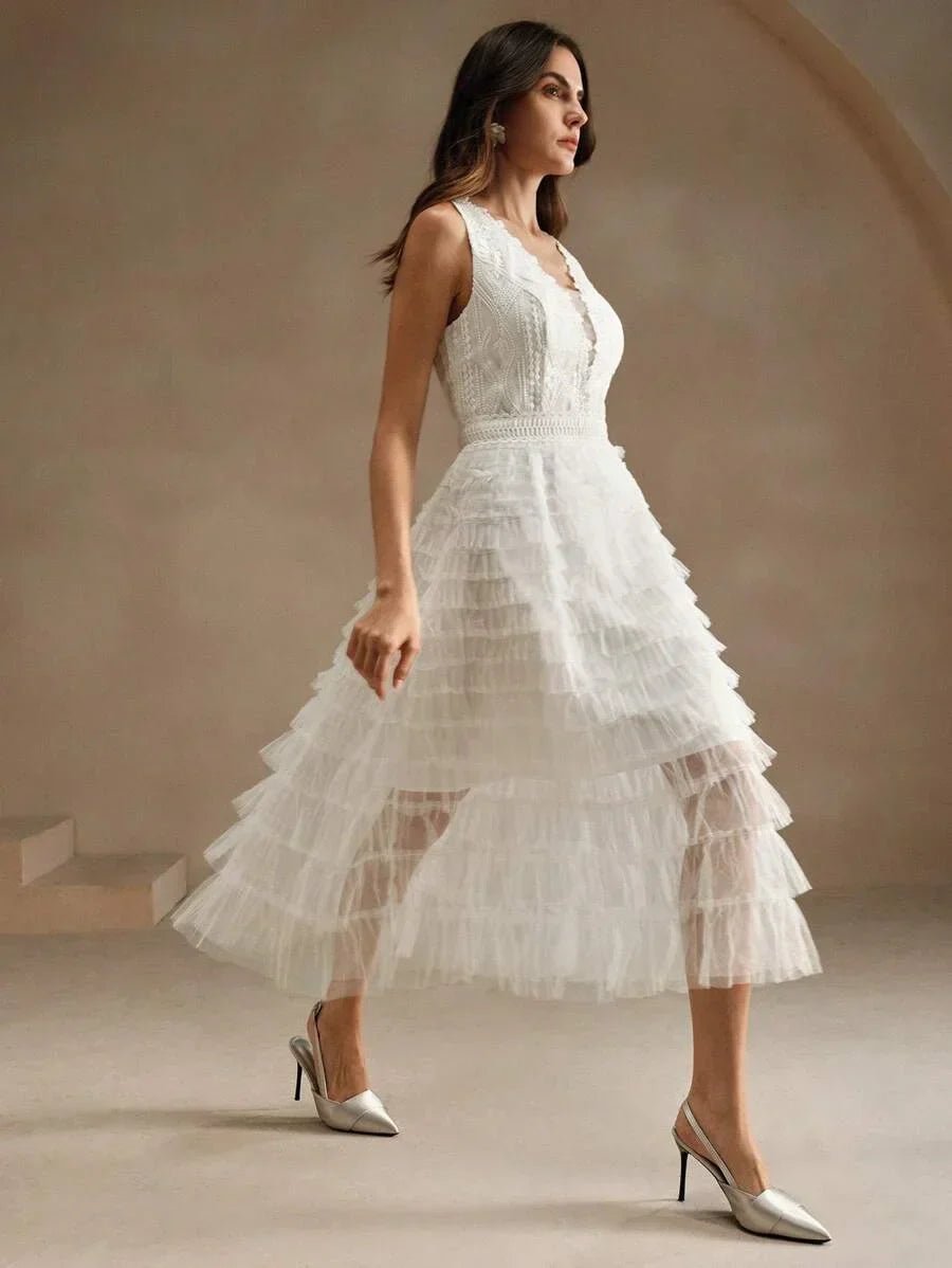 Carolina Midi Dress - V Neck - Wedding - Layered Hem - High Waist - Elegant Style