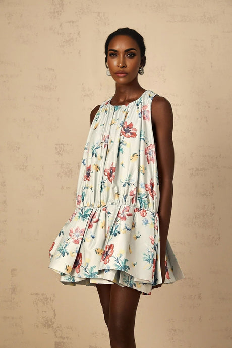 Carolina Mini Dress Green Floral Print Puff Skirt Ruffle Detail & Button Fastening