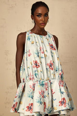Carolina Mini Dress Green Floral Print Puff Skirt Ruffle Detail & Button Fastening