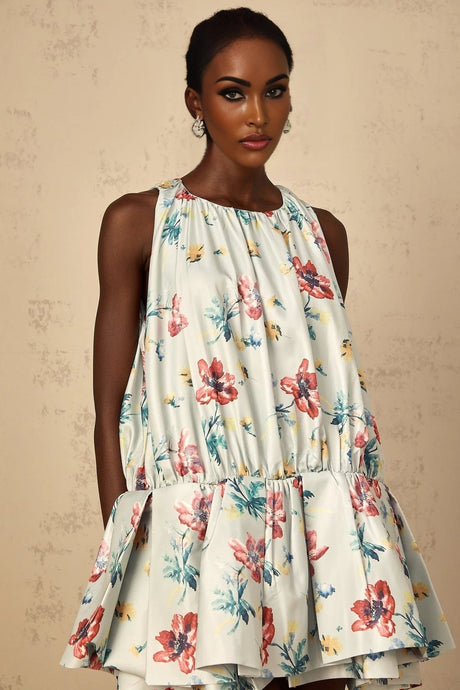 Carolina Mini Dress Green Floral Print Puff Skirt Ruffle Detail & Button Fastening