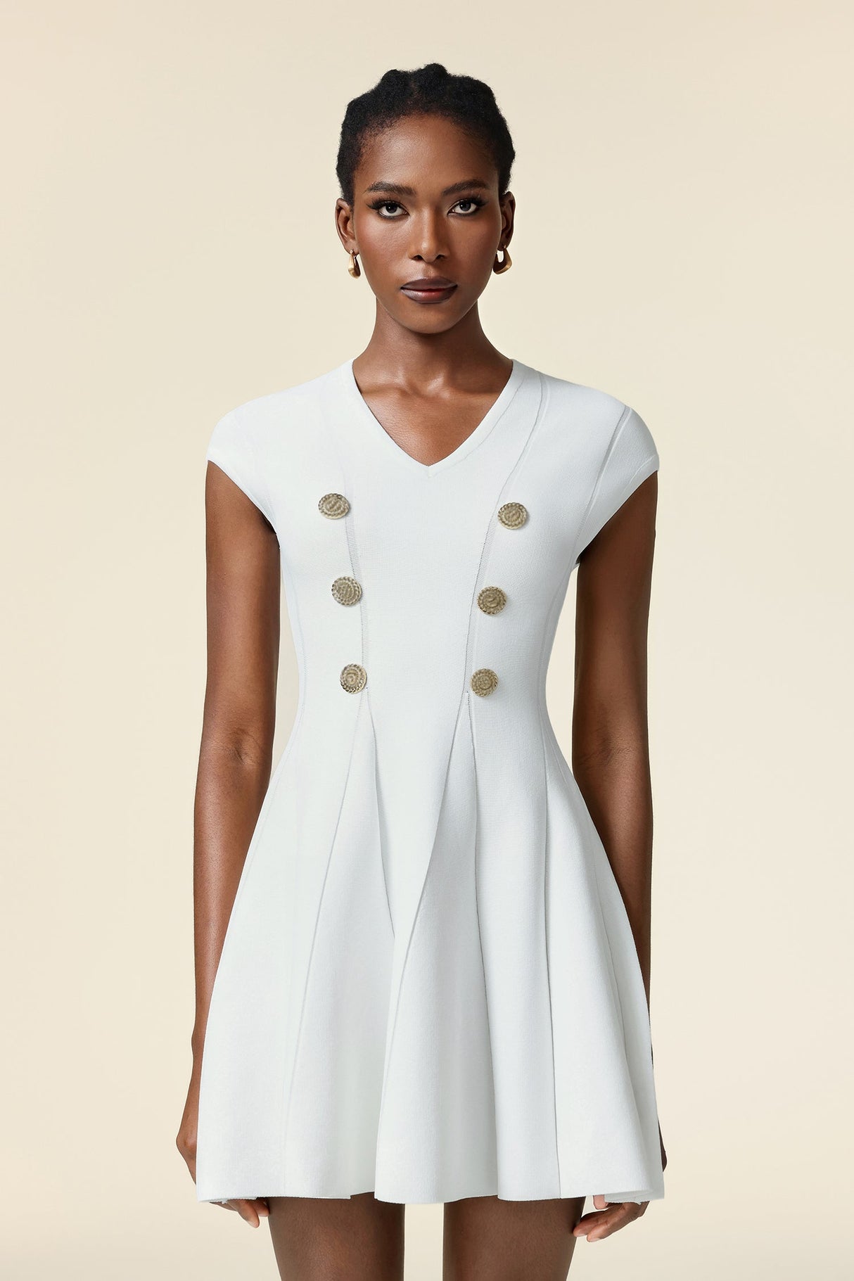 Carolina White Mini Dress V Neck Short Sleeve Button Detail Flare Hem