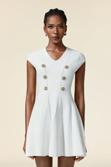 Carolina White Mini Dress V Neck Short Sleeve Button Detail Flare Hem