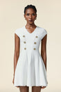 Carolina White Mini Dress V Neck Short Sleeve Button Detail Flare Hem