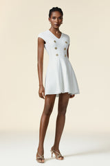 Carolina White Mini Dress V Neckline Short Sleeves Button Detailing Flared Skirt Elegant Chic Stylish Modern Fashion