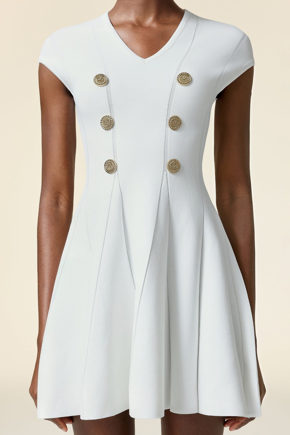 Carolina White Mini Dress V Neck Short Sleeve Button Detail Flare Hem