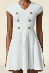 Carolina White Mini Dress V Neck Short Sleeve Button Detail Flare Hem