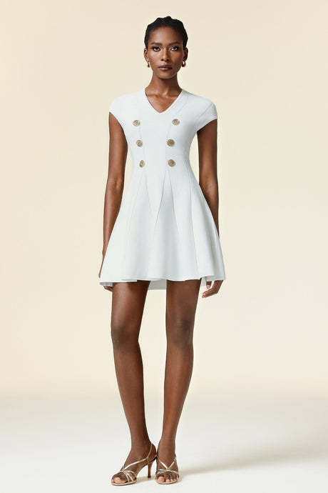 Carolina White Mini Dress V Neckline Short Sleeves Button Detailing Flared Skirt Elegant Chic Stylish Modern Fashion