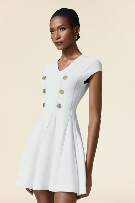 Carolina White Mini Dress V Neck Short Sleeve Button Detail Flared Skirt