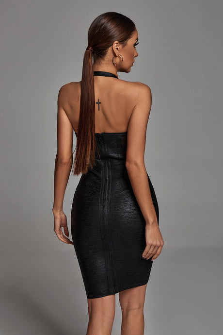 Caroline Black Metallic Halter Neckline Sheer Panel Cocktail Dress