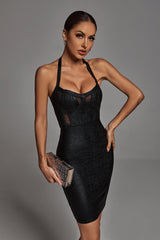 Caroline Black Metallic Halter Neck Sheer Panel Cocktail Dress