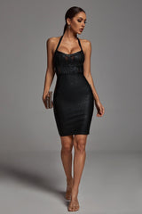 Caroline Black Metallic Halter Neckline Sheer Panel Cocktail Dress