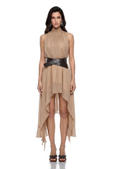 Caroline Khaki Asymmetrical Pleated Midi Dress with Belt