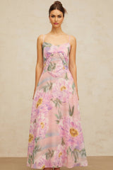 Caroline Maxi Dress Pink Floral Draped & Shirred Multicolor