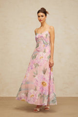 Caroline Maxi Dress Pink Floral Draped & Shirred Multicolor