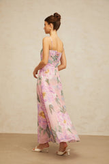 Caroline Maxi Dress Pink Floral Draped & Shirred Multicolor