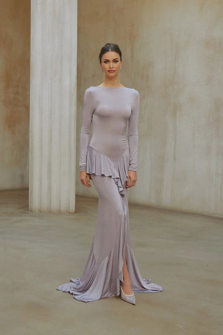 Caroline Maxi Dress Purple Ruffle Front Slit