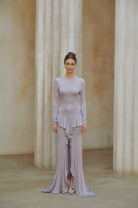 Caroline Maxi Dress Purple Ruffle Front Slit