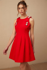 Caroline Mini Dress - Textured Finish - Crystal Embellishment - Bow Detailing - Pleated Skirt - Rear Zip Fastening