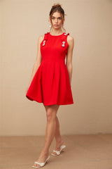 Caroline Mini Dress - Textured Finish - Crystal Embellishment - Bow Detailing - Pleated Skirt - Rear Zip Fastening