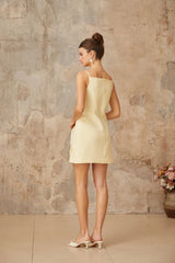 Caroline Mini Dress Yellow Floral Appliqu A - line & Spaghetti Straps