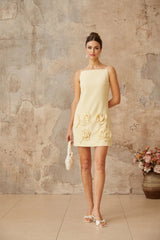 Caroline Mini Dress Yellow Floral Appliqu A - line & Spaghetti Straps