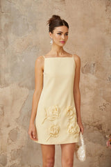 Caroline Mini Dress Yellow Floral Appliqu A - line & Spaghetti Straps