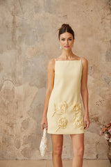 Caroline Mini Dress Yellow Floral Appliqu A - line & Spaghetti Straps