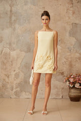 Caroline Mini Dress Yellow Floral Appliqu A - line & Spaghetti Straps