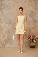 Caroline Mini Dress Yellow Floral Appliqu A - line & Spaghetti Straps