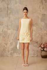 Caroline Mini Dress Yellow Floral Appliqu A - line & Spaghetti Straps
