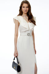 Caroline White VNeck Ruched Maxi Dress with Slit