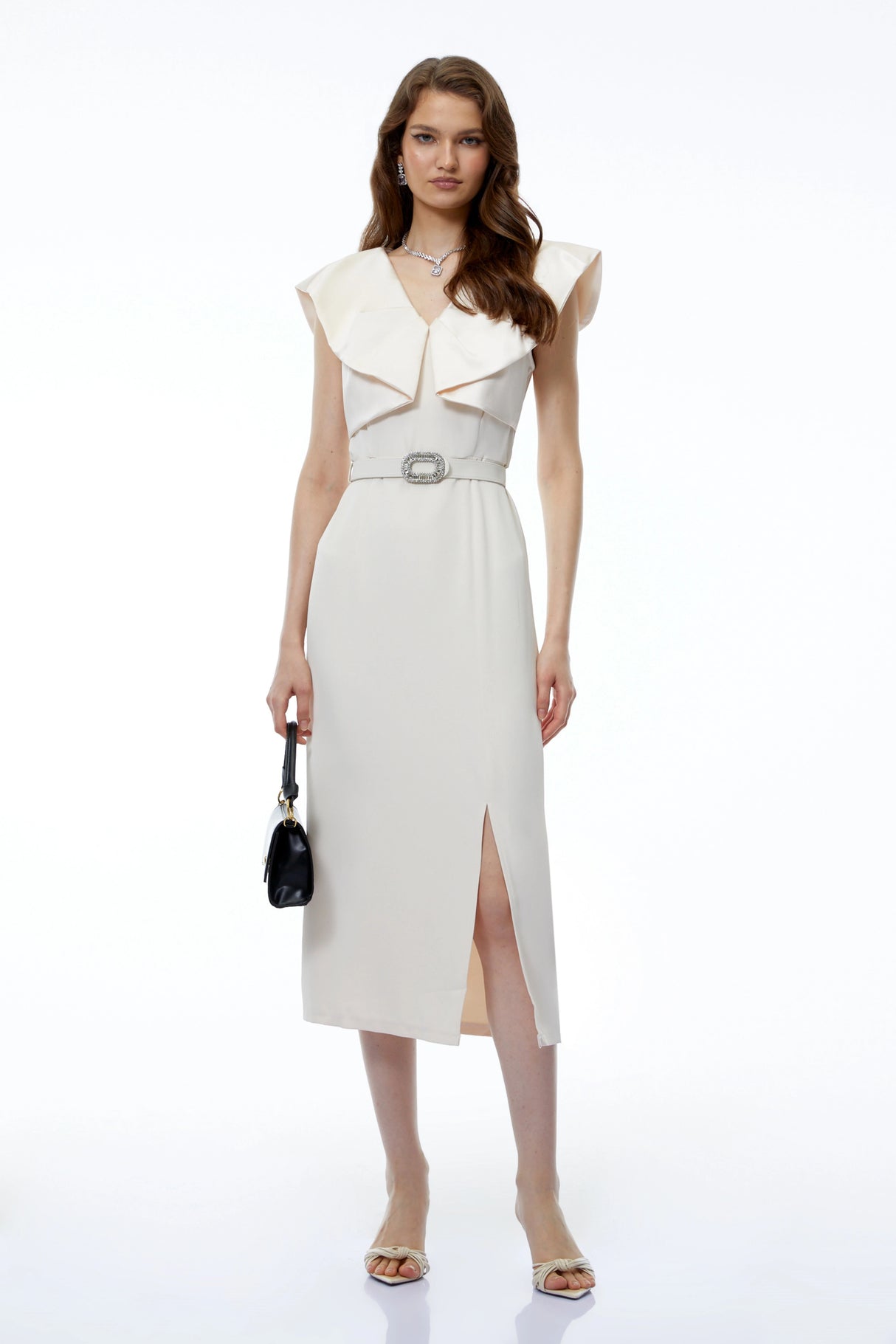 Caroline White VNeck Ruched Maxi Dress with Slit
