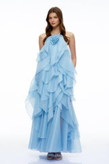 Carrie Blue Halterneck Flounced Maxi Dress