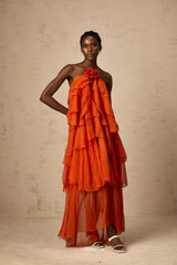 Carrie Orange Halterneck Flounced Maxi Dress