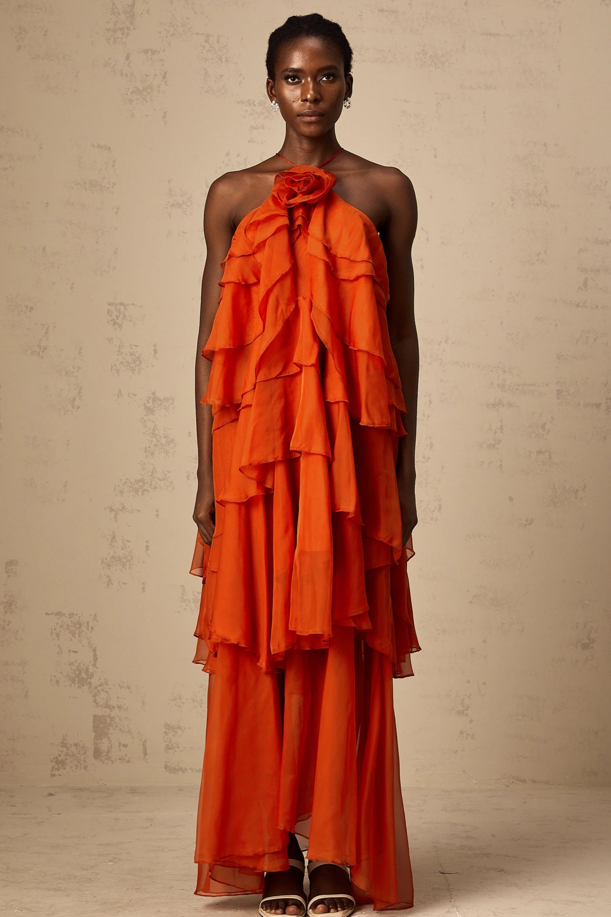 Carrie Orange Halterneck Flounced Maxi Dress