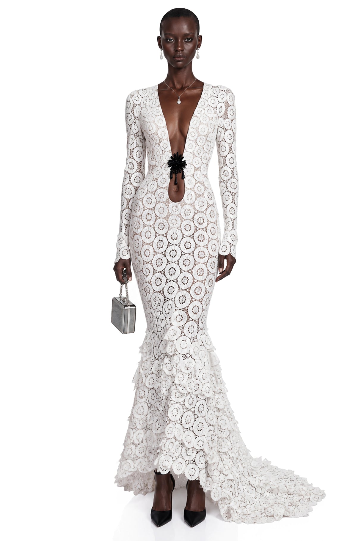 Cass White VNeck Lace Bodycon Maxi Dress