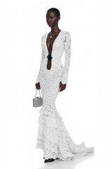 Cass White VNeck Lace Bodycon Maxi Dress
