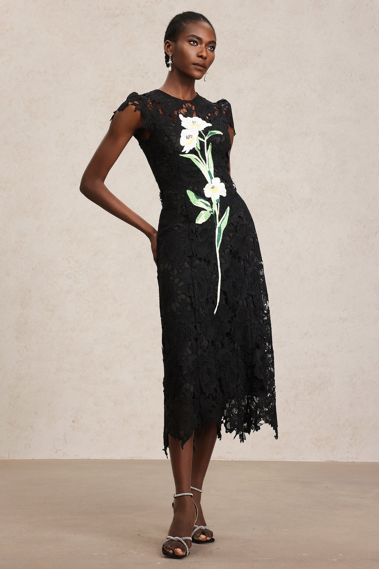 Cassandra Black Lace Embroidered Midi Dress