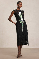 Cassandra Black Lace Embroidered Midi Dress