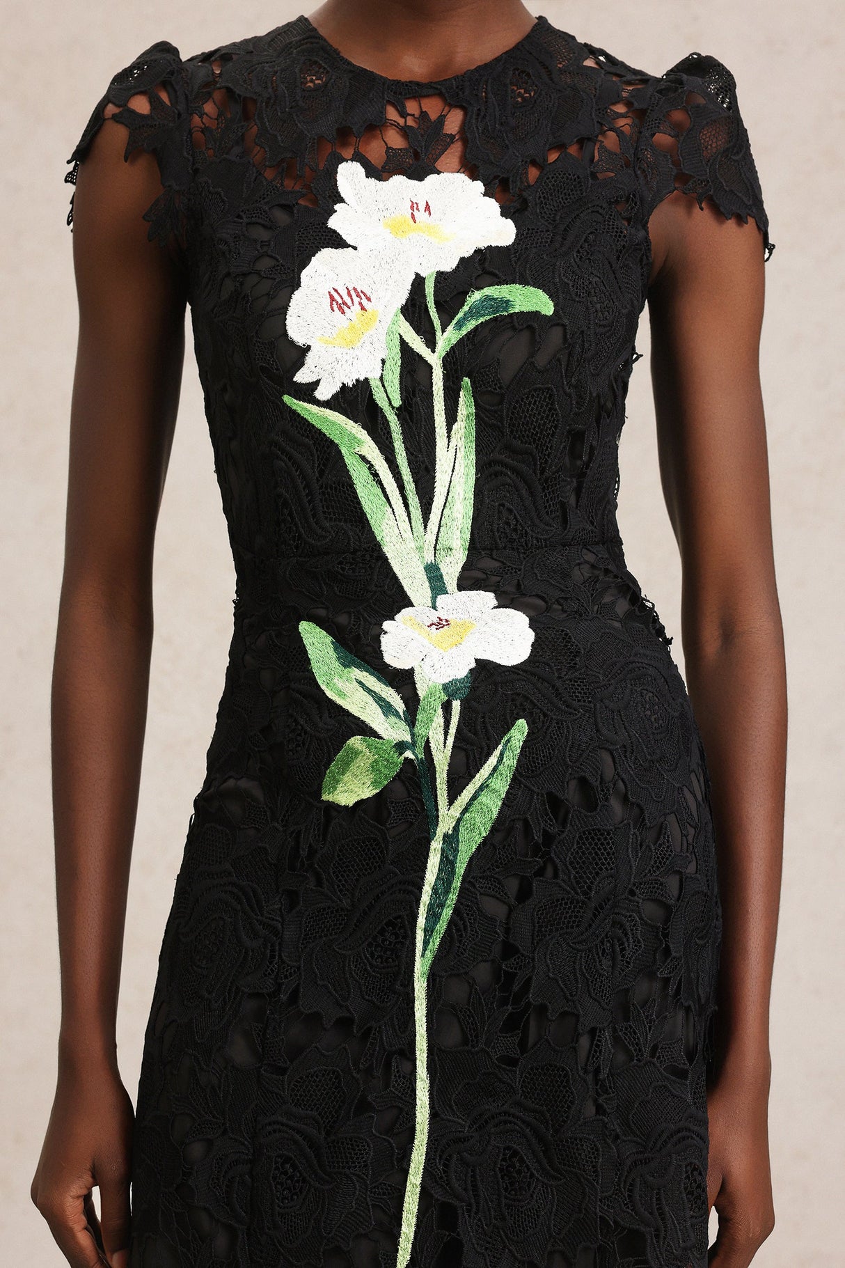 Cassandra Black Lace Embroidered Midi Dress