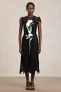 Cassandra Black Lace Sleeveless Midi Dress with Floral Embroidery