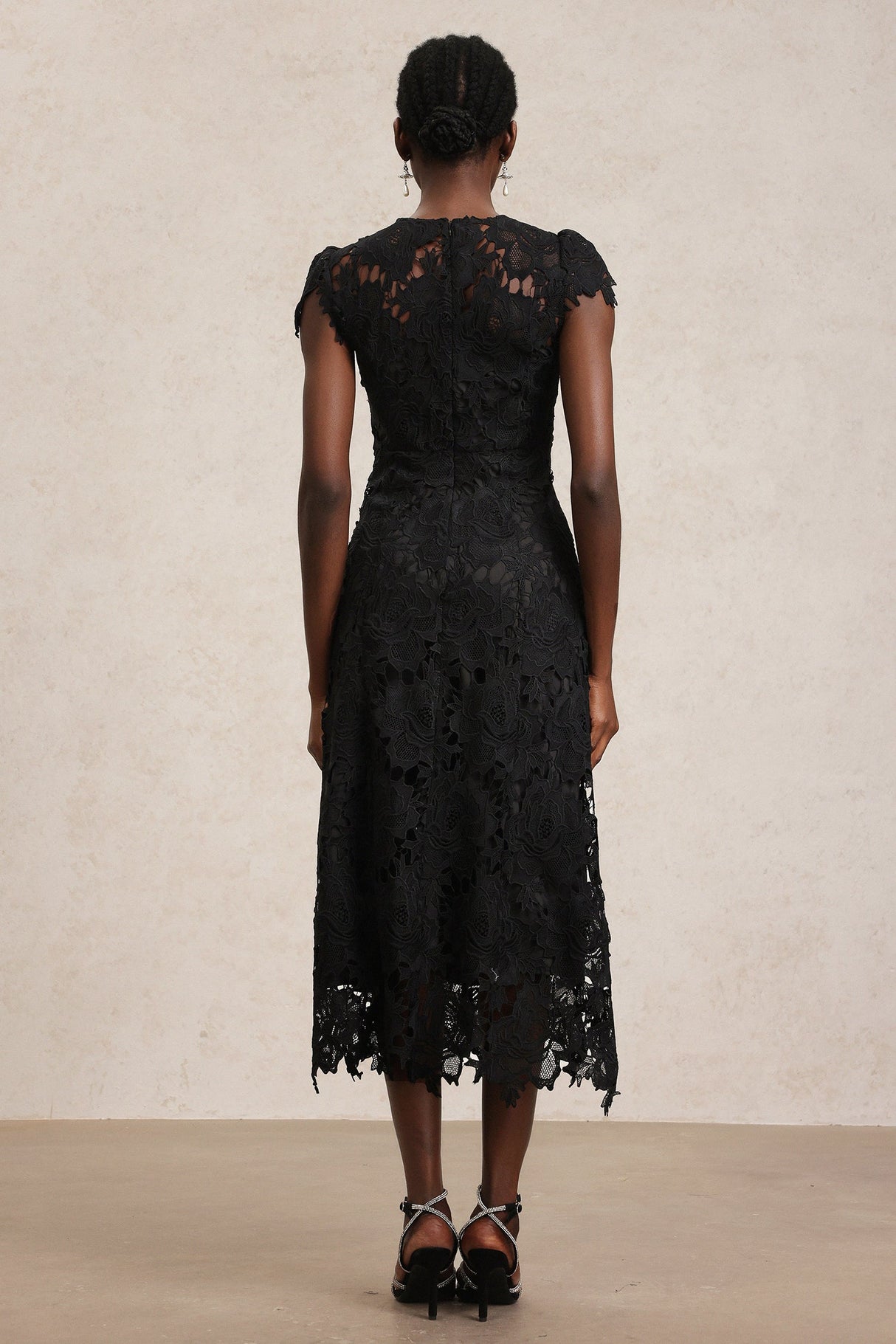 Cassandra Black Lace Sleeveless Midi Dress with Floral Embroidery