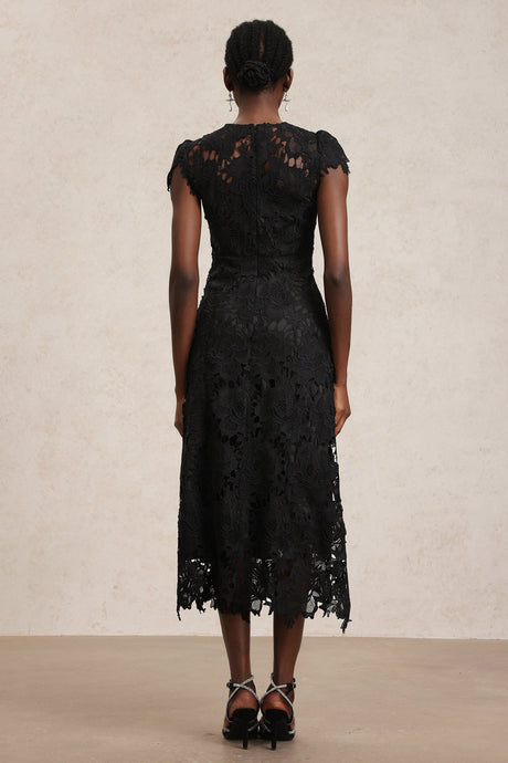 Cassandra Black Lace Sleeveless Midi Dress with Floral Embroidery