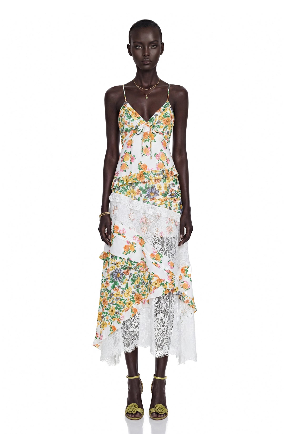 Cassandra Green Floral Print Maxi Dress with Lace Panels