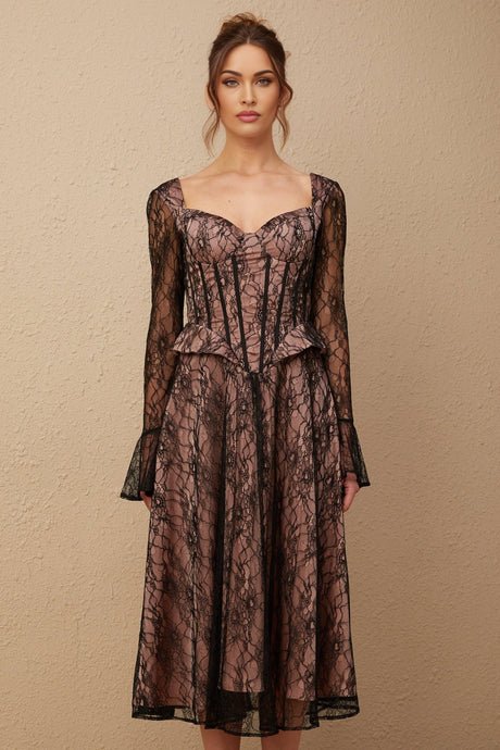 Cassandra Midi Dress - Corset Style - Sweetheart Neckline - Flared Sleeves - Ruched Detailing - Lace - Up Fastening